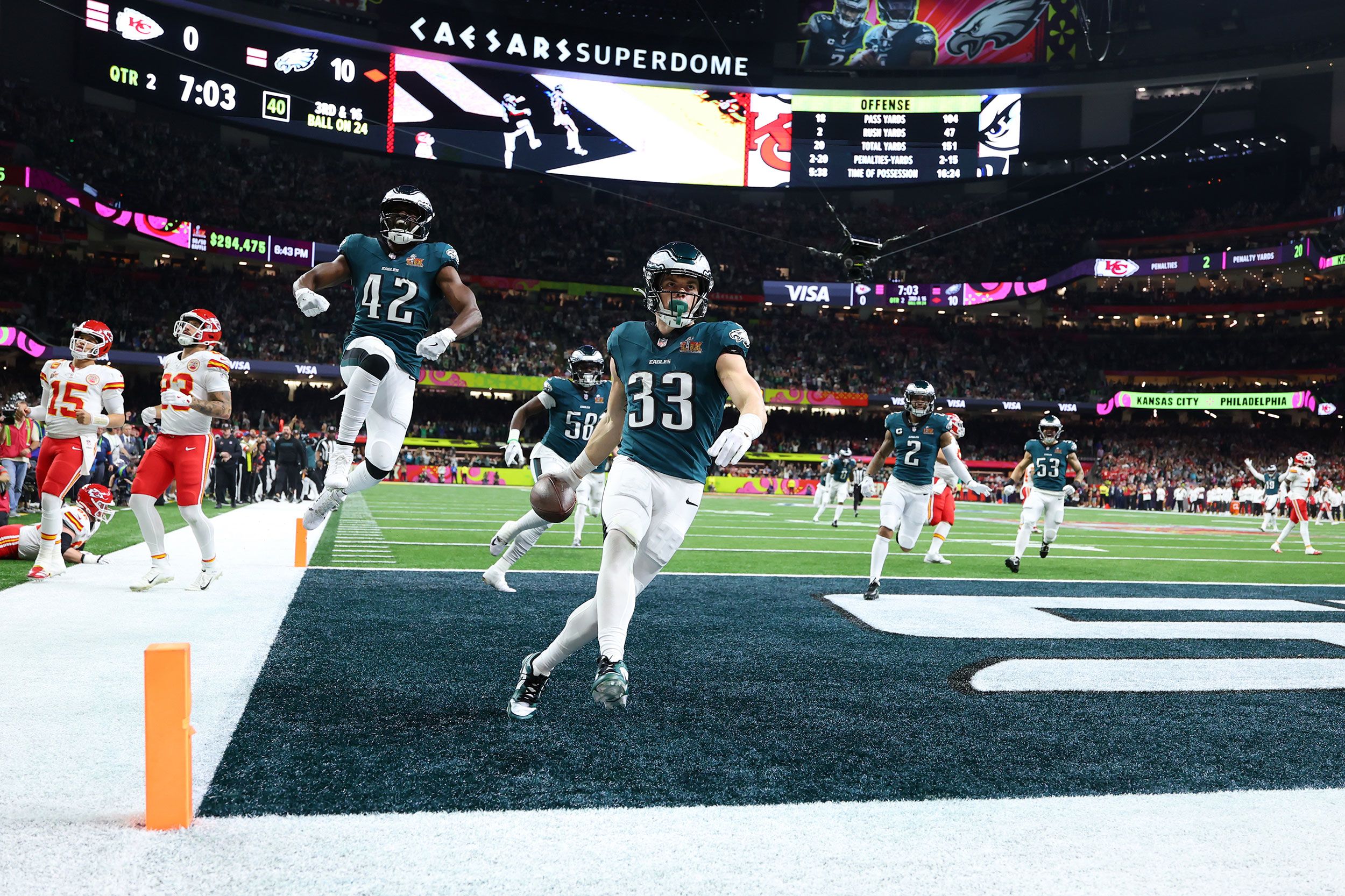 Eagles defensive back Cooper DeJean celebrates after he returned an interception for a touchdown during the second quarter.