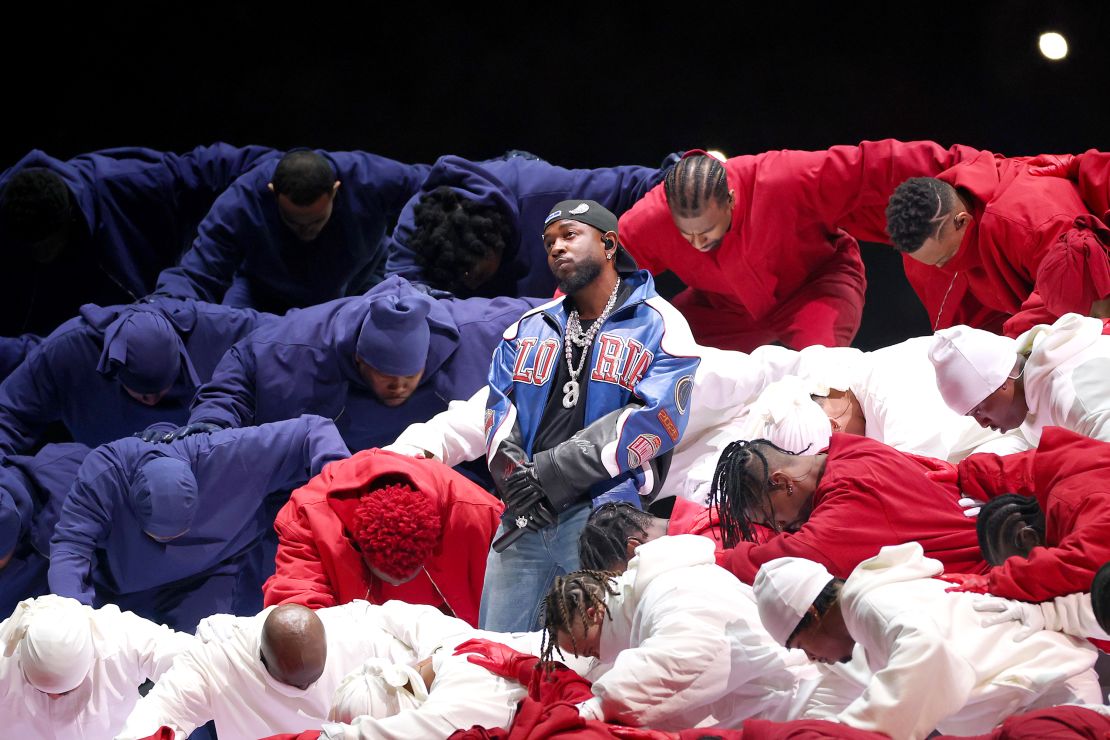 Kendrick Lamar used his set during this year's Super Bowl halftime show in New Orleans to gesture toward the political moment.