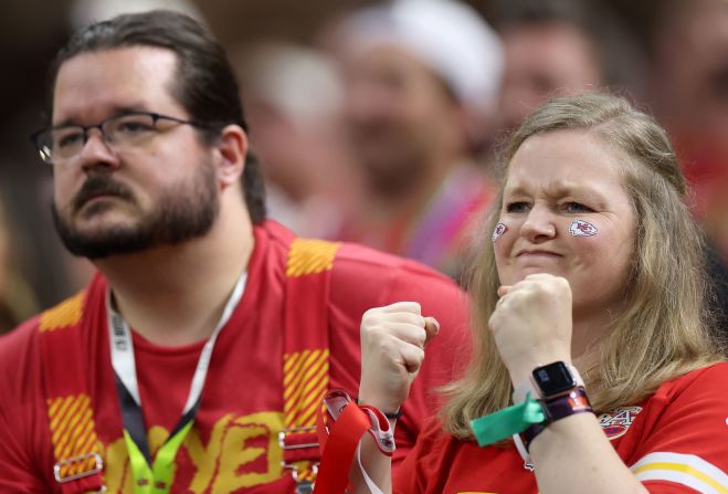 A Chiefs fan reacts while watching the game at the Superdome.