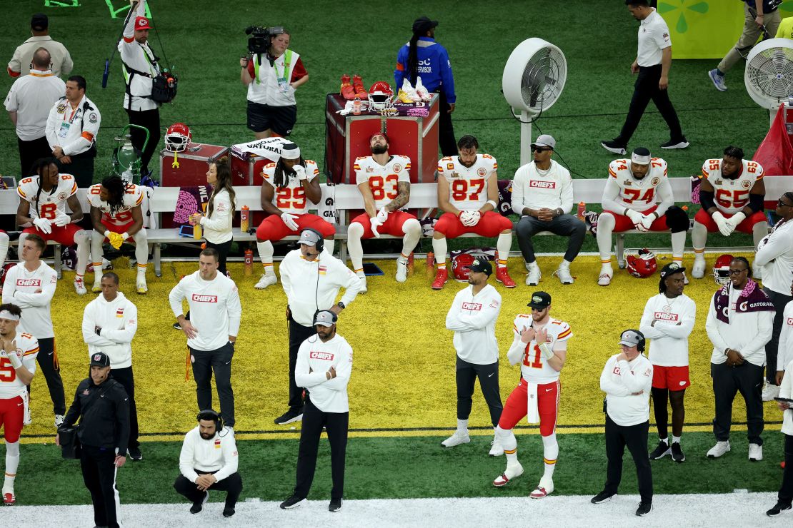 Kansas City Chiefs players look on from the sidelines in the fourth quarter against the Philadelphia Eagles during Super Bowl LIX at Caesars Superdome.