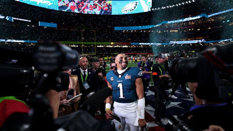 NEW ORLEANS, LOUISIANA - FEBRUARY 09: Jalen Hurts #1 of the Philadelphia Eagles celebrates after Philadelphia beat Kansas City 40-22 to win Super Bowl LIX at Caesars Superdome on February 09, 2025 in New Orleans, Louisiana. (Photo by Jamie Squire/Getty Images)