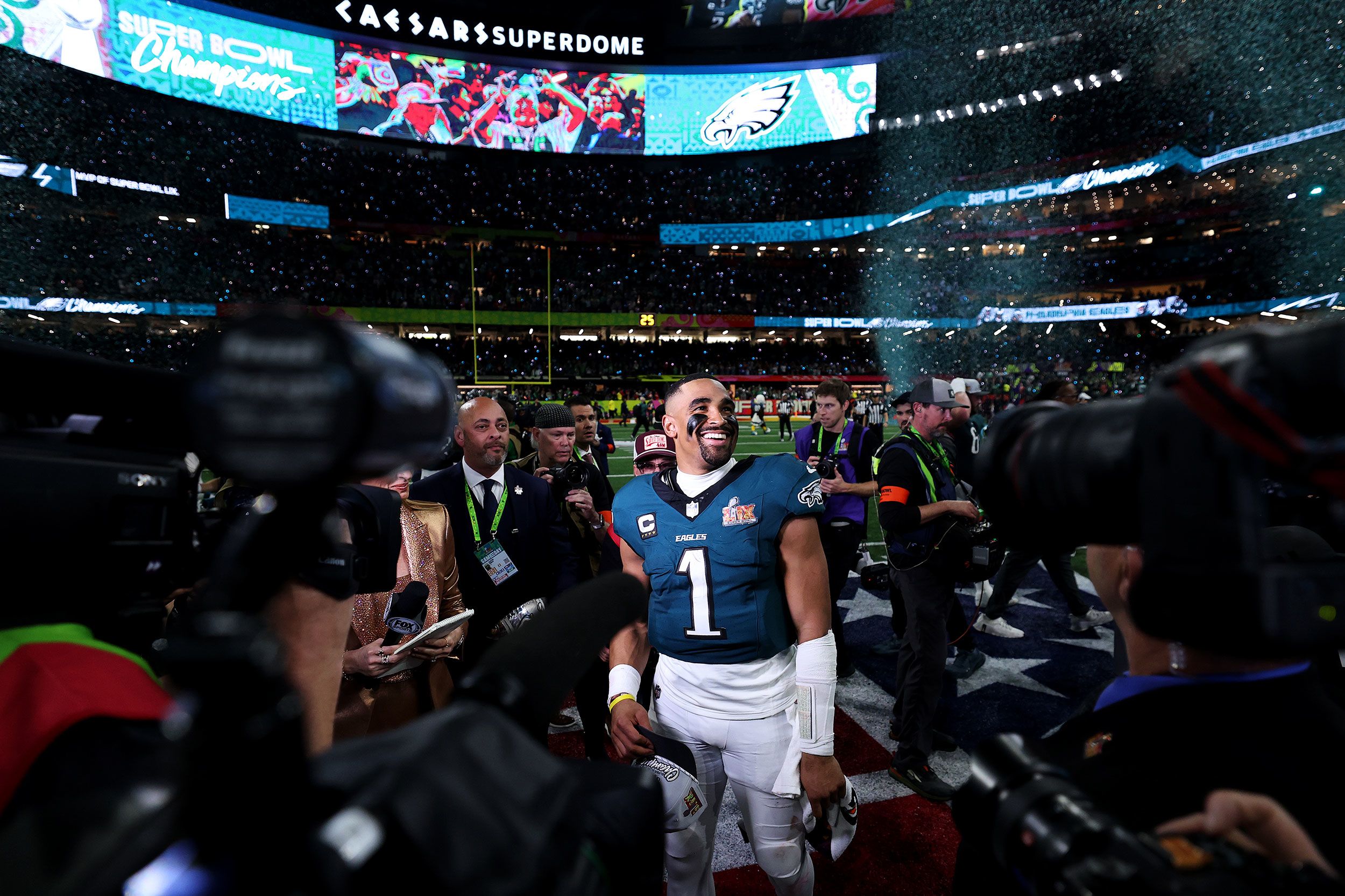 Eagles quarterback Jalen Hurts smiles after the game. He was named the game's Most Valuable Player.