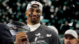 NEW ORLEANS, LOUISIANA - FEBRUARY 09: Jalen Hurts #1 of the Philadelphia Eagles celebrates with the Vince Lombardi Trophy after beating the Kansas City Chiefs 40-22 to win Super Bowl LIX at Caesars Superdome on February 09, 2025 in New Orleans, Louisiana. (Photo by Jamie Squire/Getty Images)