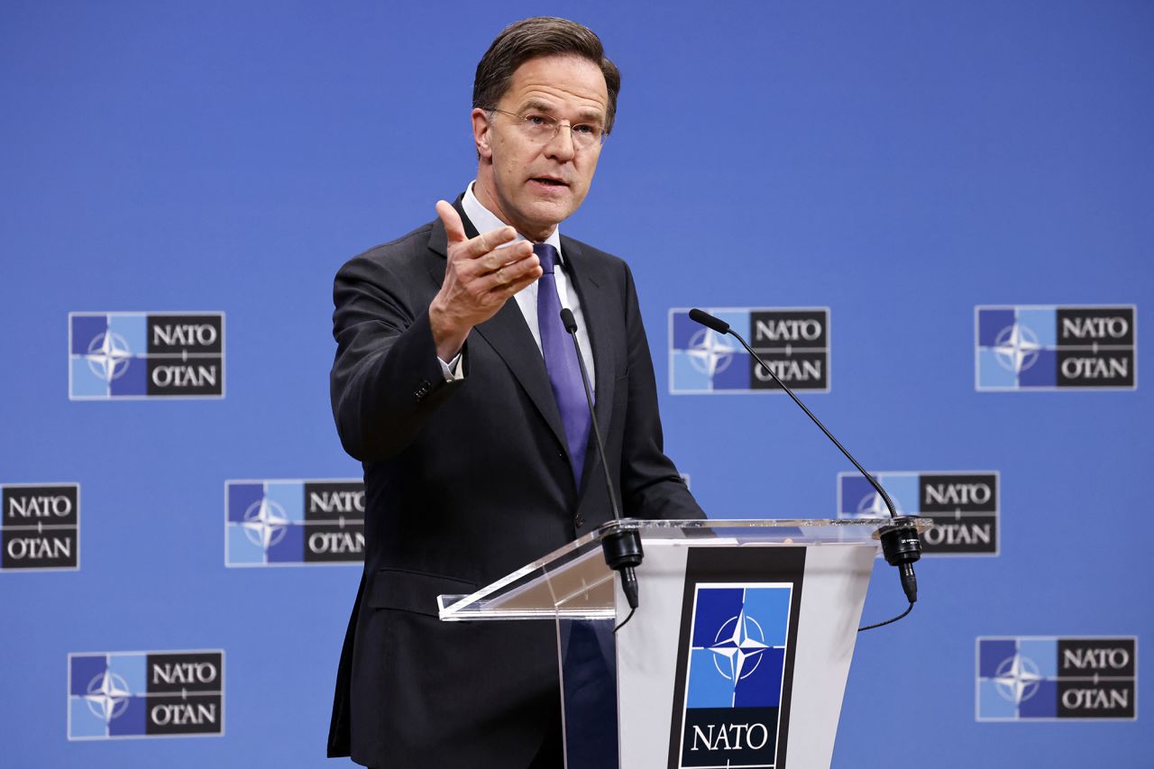 NATO general secretary Mark Rutte gives a press conference after the meeting of the Ministers of Defence at NATO Headquarters in Brussels, Belgium, on Thursday.