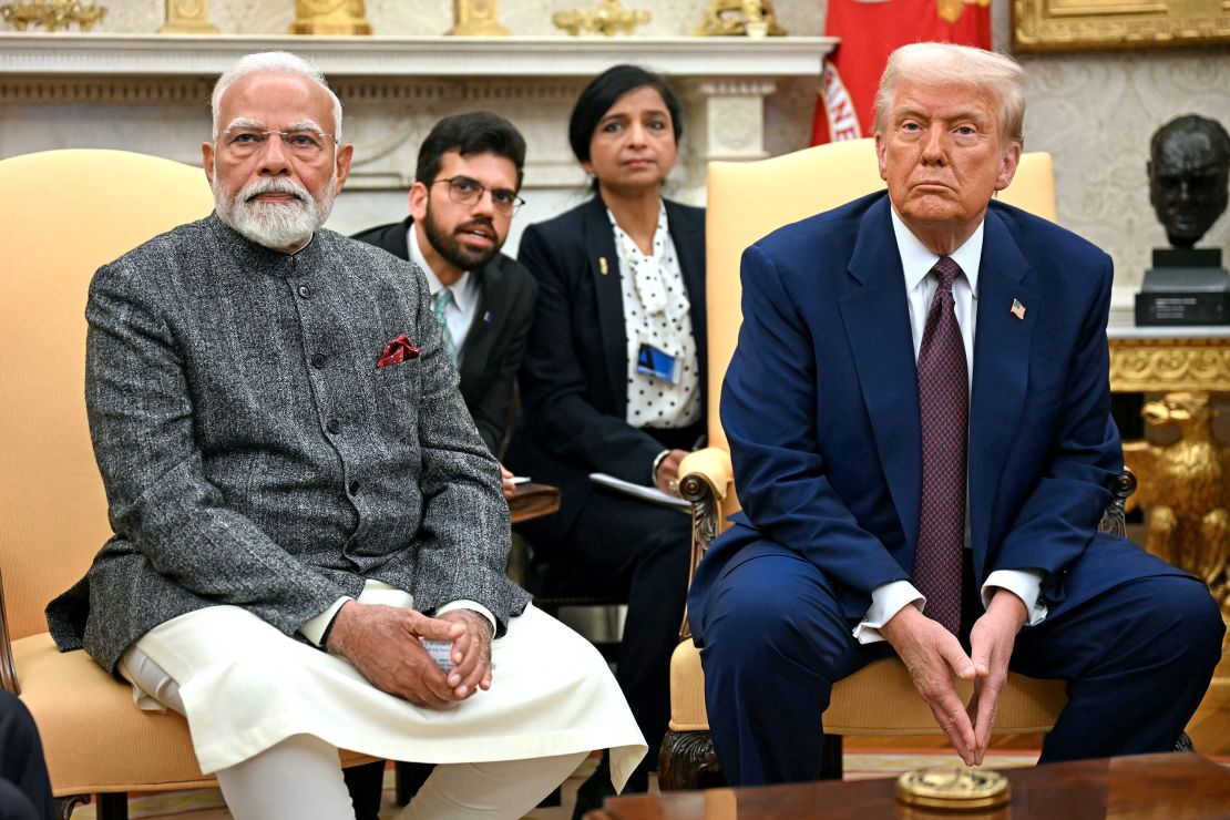 US President Donald Trump speaks with the press as he meets with Indian Prime Minister Narendra Modi in the Oval Office of the White House in Washington, DC, on February 13, 2025. (Photo by Jim WATSON / AFP) (Photo by JIM WATSON/AFP via Getty Images)