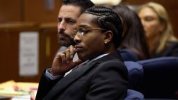 Rakim Mayers, also known as A$AP Rocky, listens during closing arguments during his trial for felony assault at Clara Shortridge Foltz Criminal Justice Center on February 13, 2025 in Los Angeles, California.