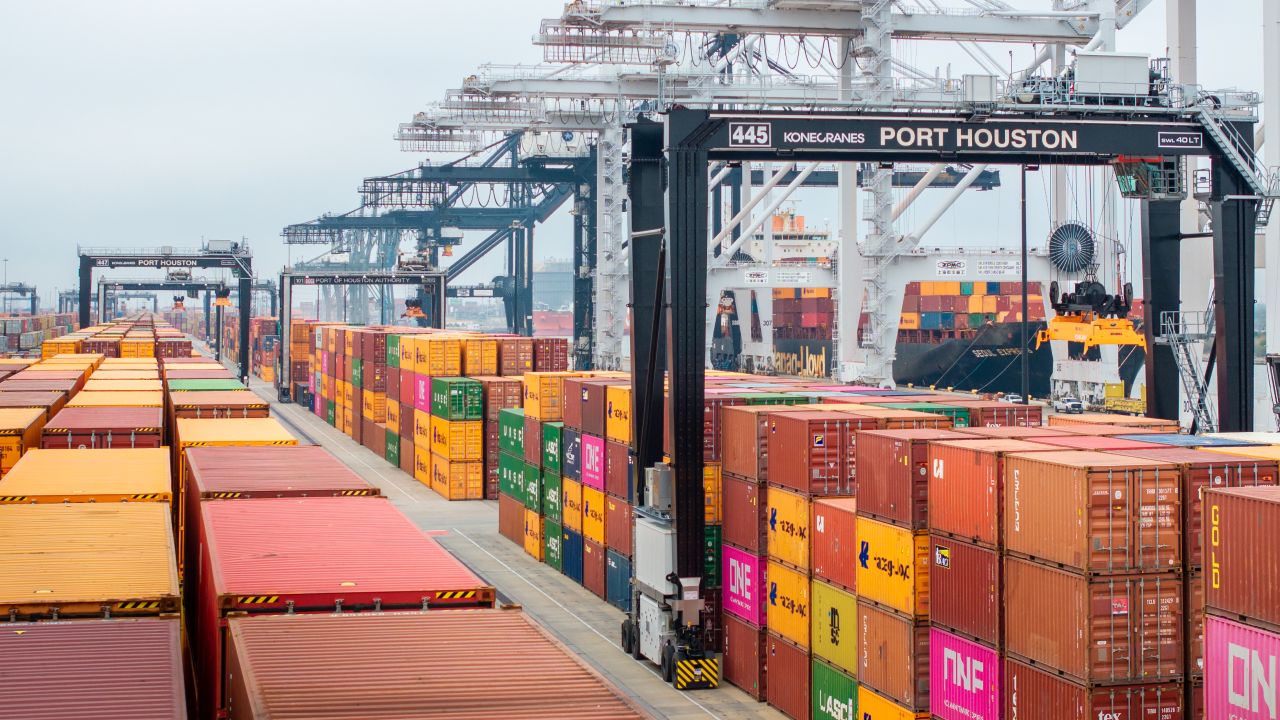 HOUSTON, TEXAS - FEBRUARY 10: In an aerial view, shipping containers are organized at the Houston Port of Authority on February 10, 2025 in Houston, Texas. President Trump has announced that he will be imposing a 25% tariff on all foreign steel and aluminum imports into the United States. Since reclaiming the White House, the President has made various trade threats against countries including Taiwan, Canada, Mexico, and European allies. (Photo by Brandon Bell/Getty Images)