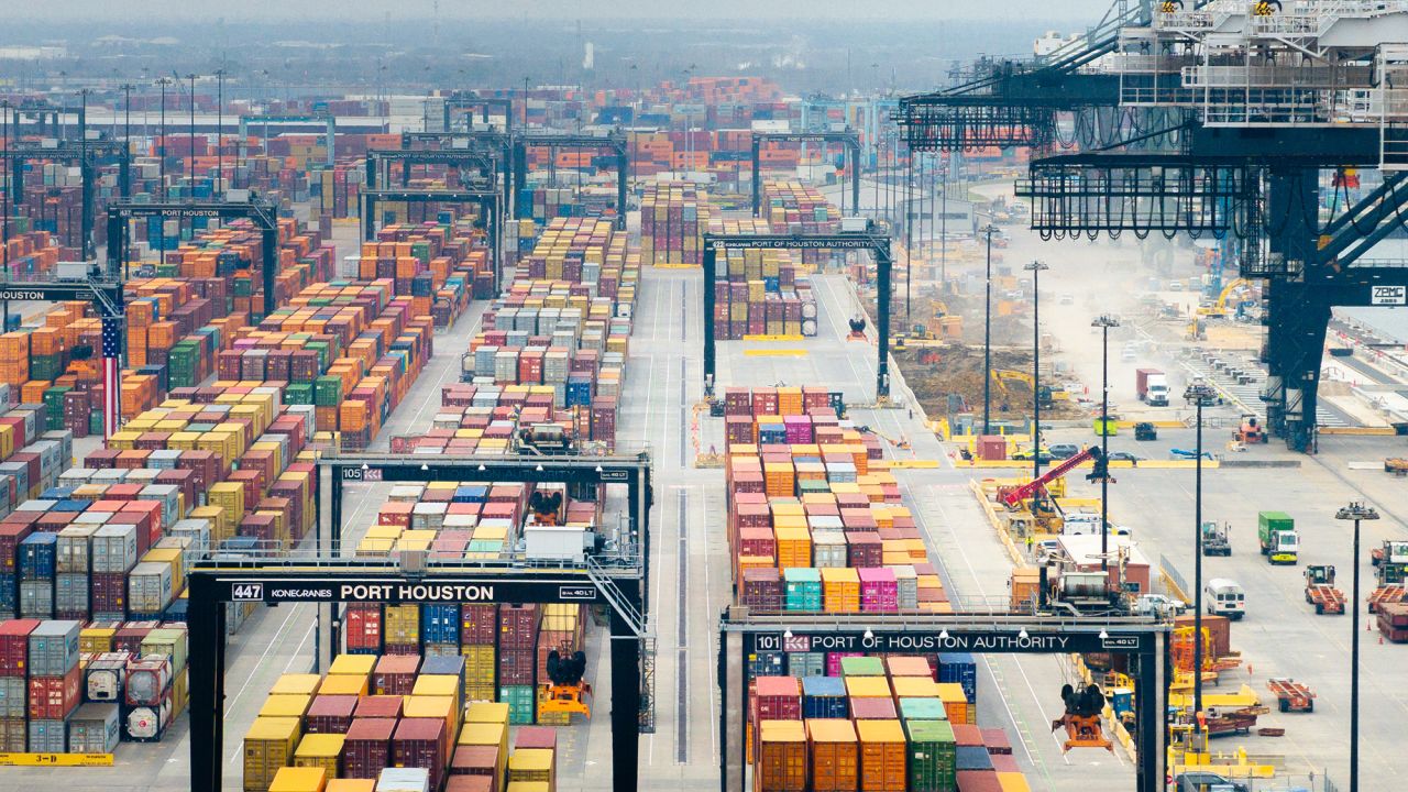 In an aerial view, shipping containers are organized at the Houston Port of Authority on February 10, 2025 in Houston, Texas.