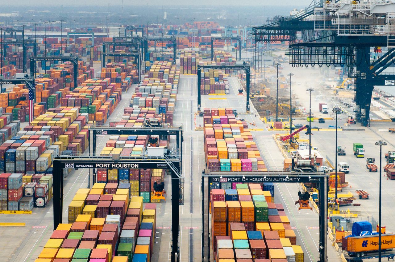 Shipping containers are seen at the Houston Port of Authority on February 10.