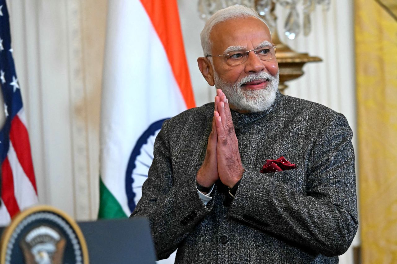 Indian Prime Minister Narendra Modi arrives for a press conference with US President Donald Trump in the East Room of the White House in Washington, DC, on Thursday.