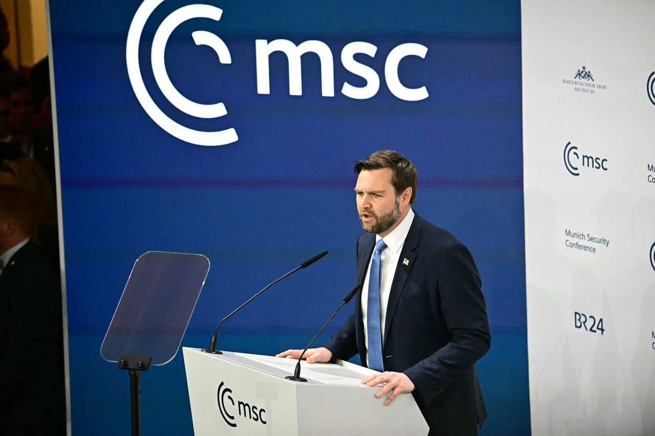 US Vice President JD Vance delivers his speech during the 61st Munich Security Conference (MSC) in Munich, southern Germany on February 14, 2025. (Photo by TOBIAS SCHWARZ/AFP via Getty Images)