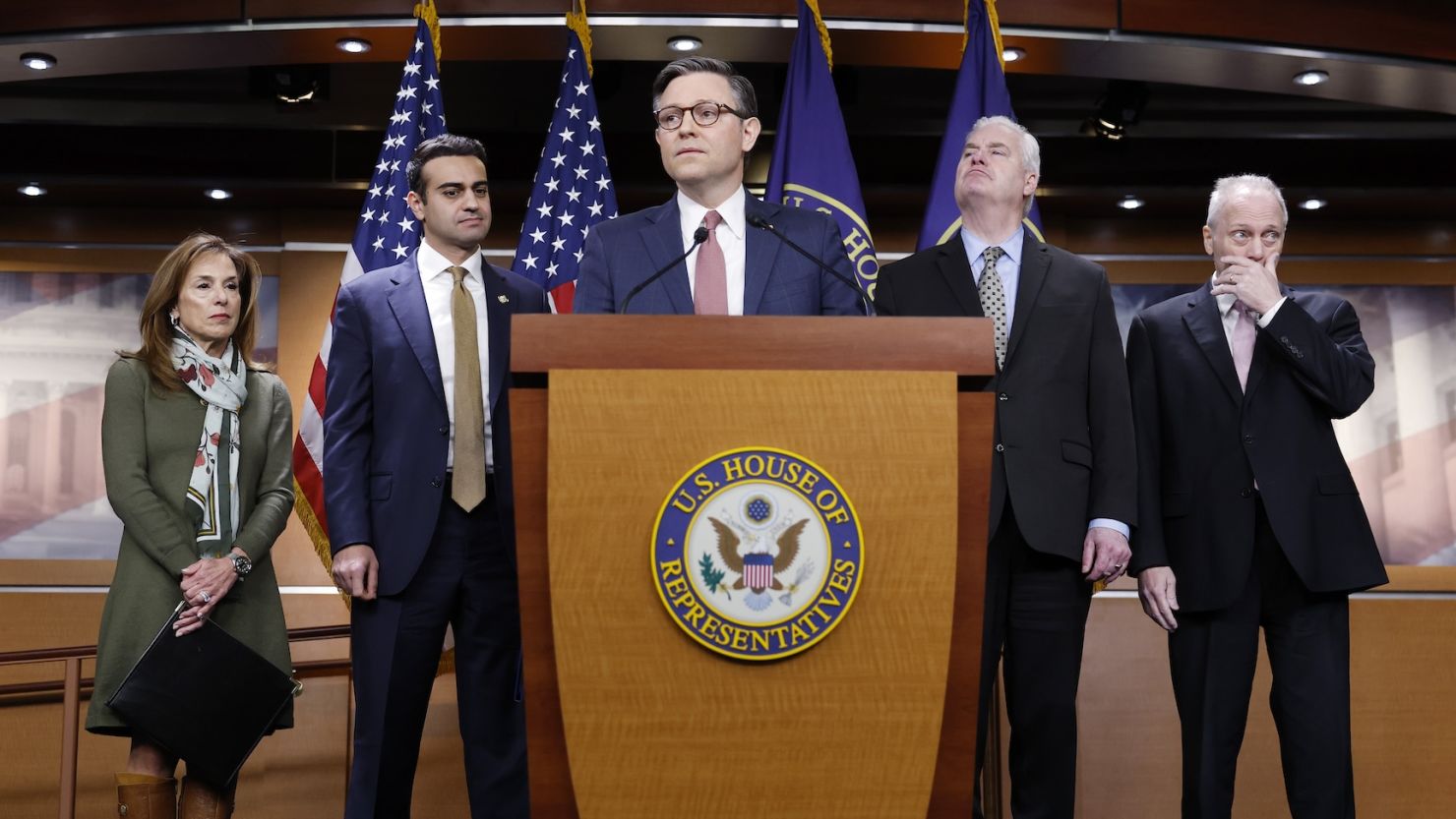House Speaker Mike Johnson speaks during a news conference after the House Republican Conference meeting at the US Capitol Building on February 11, 2025 in Washington, DC.