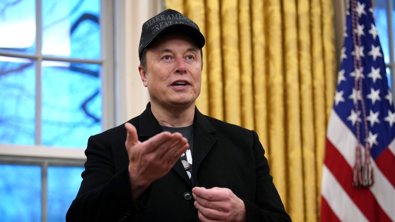 Elon Musk speaks in the Oval Office at the White House in Washington, DC, on February 11.