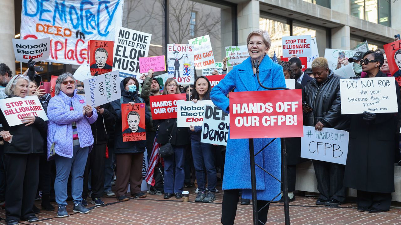 Sen. Elizabeth Warren speaks at a rally to protest the closing of the Consumer Financial Protection Bureau and the work-from-home order issued by CFPB Director Russell Vought outside its headquarters on February 10, 2025.