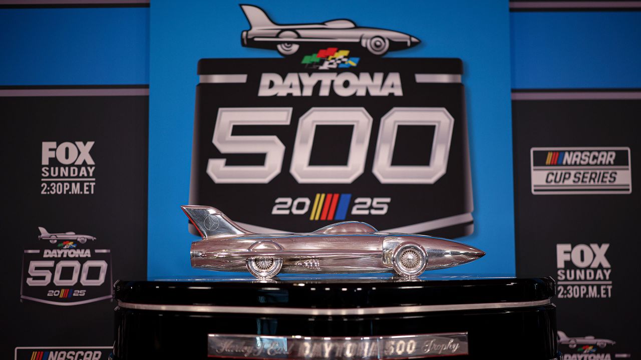 A general view of the Harley J Earl trophy during Media Day for the NASCAR Daytona 500 at Daytona International Speedway in Daytona Beach, Florida, on February 12, 2025.