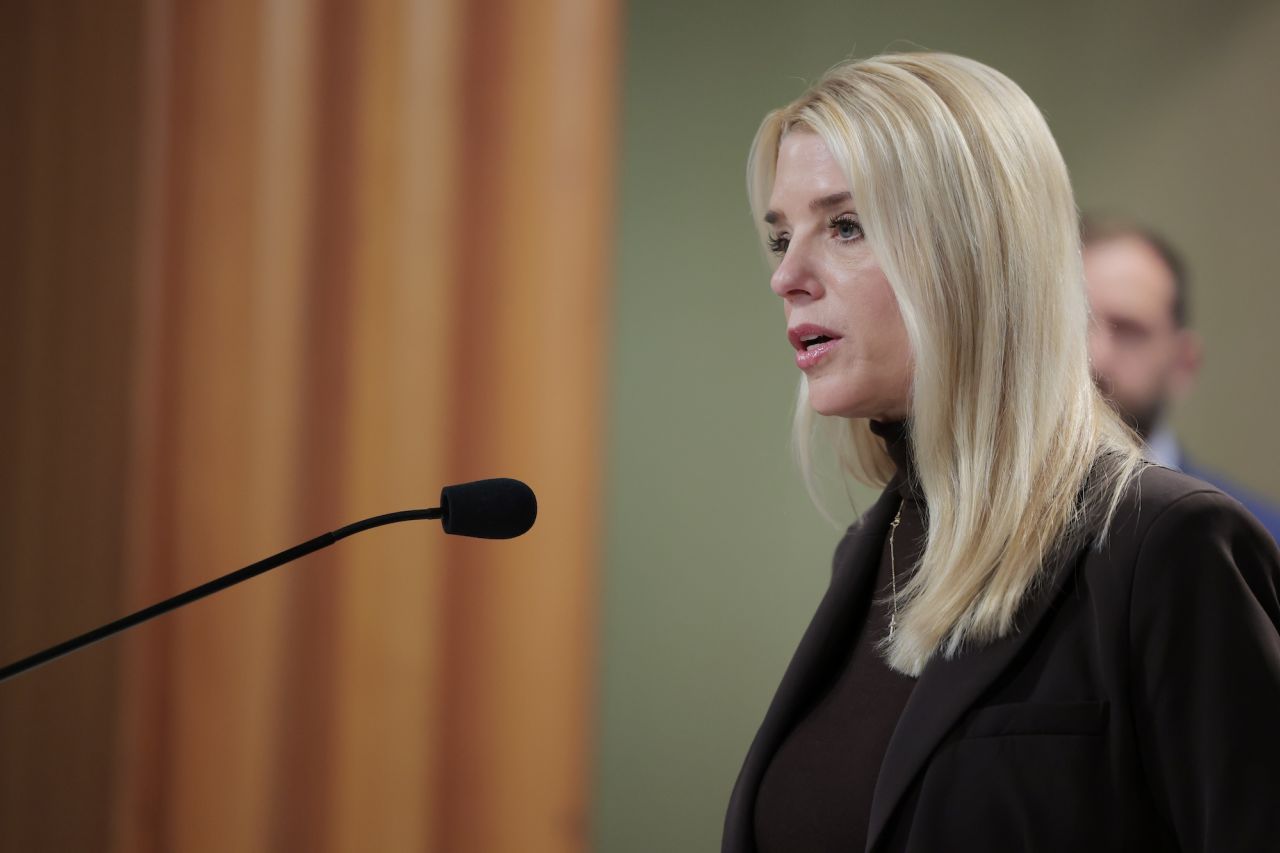 Attorney General Pam Bondi speaks during a press conference at the Department of Justice Building on Wednesday.