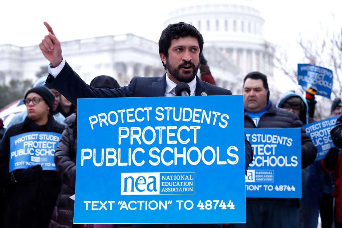 Rep. Greg Casar (D-TX) joins parents, educators, community leaders and elected officials at a rally outside the U.S. Capitol to defend public education ahead of Secretary of Education nominee Linda McMahon’s confirmation hearing on February 12, 2025, in Washington, DC.