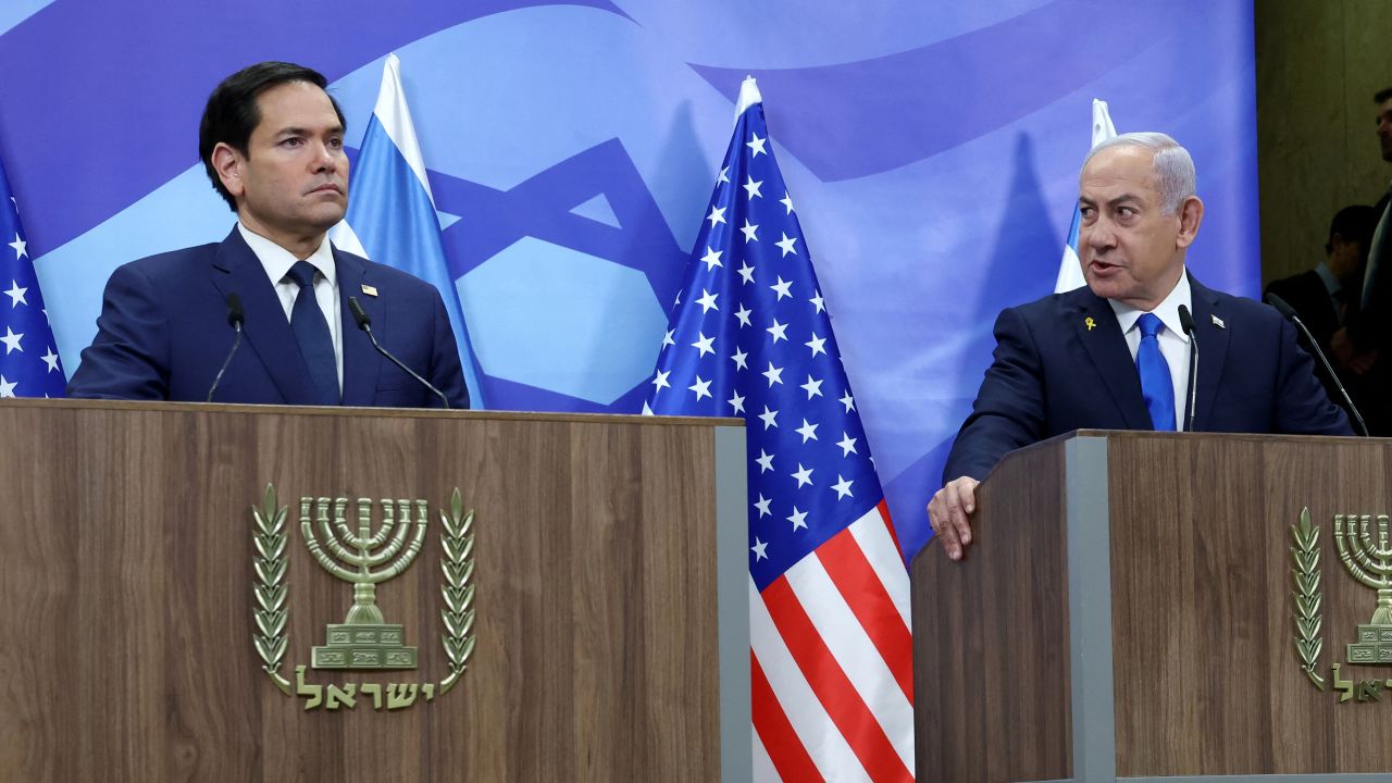 US Secretary of State Marco Rubio (L) and Israeli Prime Minister Benjamin Netanyahu make a joint statement to the media at the prime minister's office in Jerusalem on February 16, 2025. Rubio said Palestinian militant group Hamas "must be eliminated", after meeting on February 16 with Israel's prime minister.