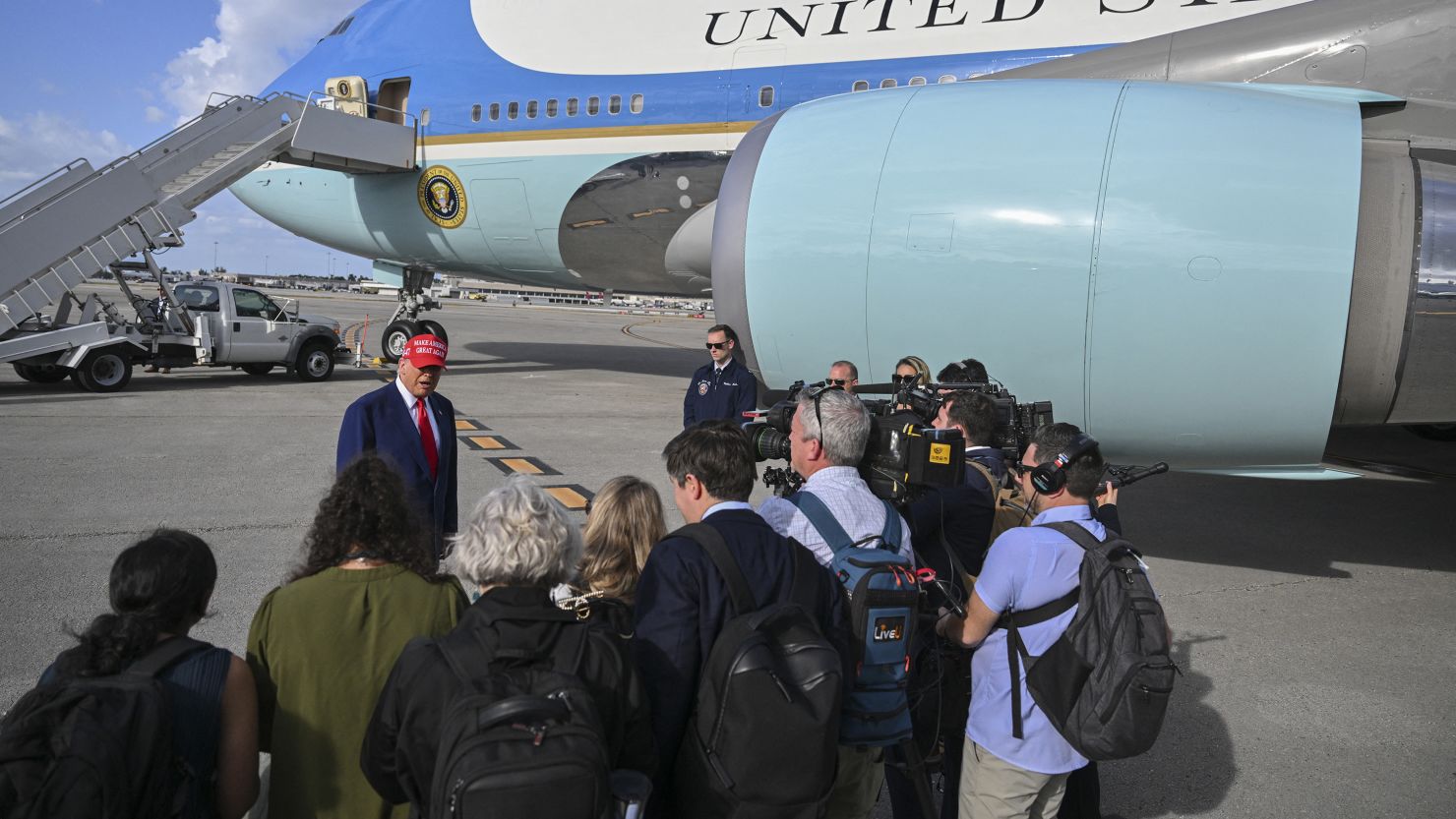 President Donald Trump speaks to reporters.