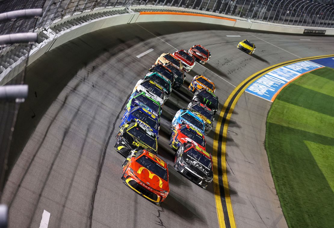 Bubba Wallace, driver of the #23 McDonald's Toyota, leads the field during the NASCAR Cup Series Duel 2 at Daytona International Speedway in Daytona Beach, Florida, on February 13, 2025.