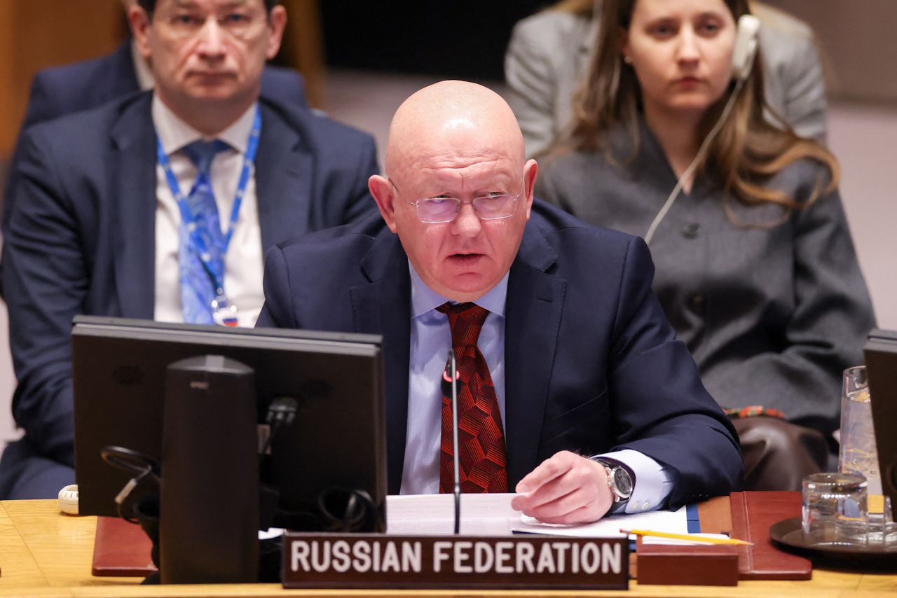 Russian Ambassador to the United Nations Vasily Nebenzya speaks during a UN Security Council meeting on Ukraine at UN headquarters in New York City on Monday.