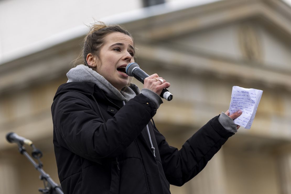 Climate activist Luisa Neubauer of Fridays for Future Germany climate action movement speaks during a climate strike on February 14, 2025 in Berlin, Germany.