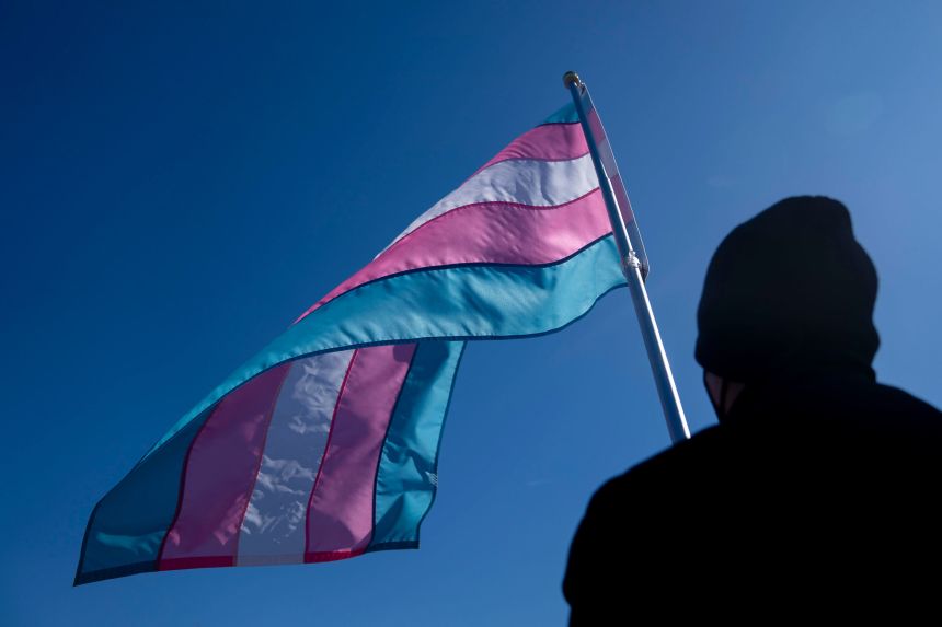 A demonstrator holds a transgender pride flag during a President's Day protest near the US Capitol in Washington, DC, on February 17.