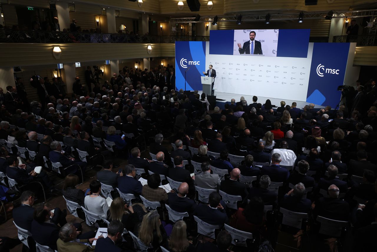 U.S. Vice President JD Vance speaks at the 61st Munich Security Conference on Friday.
