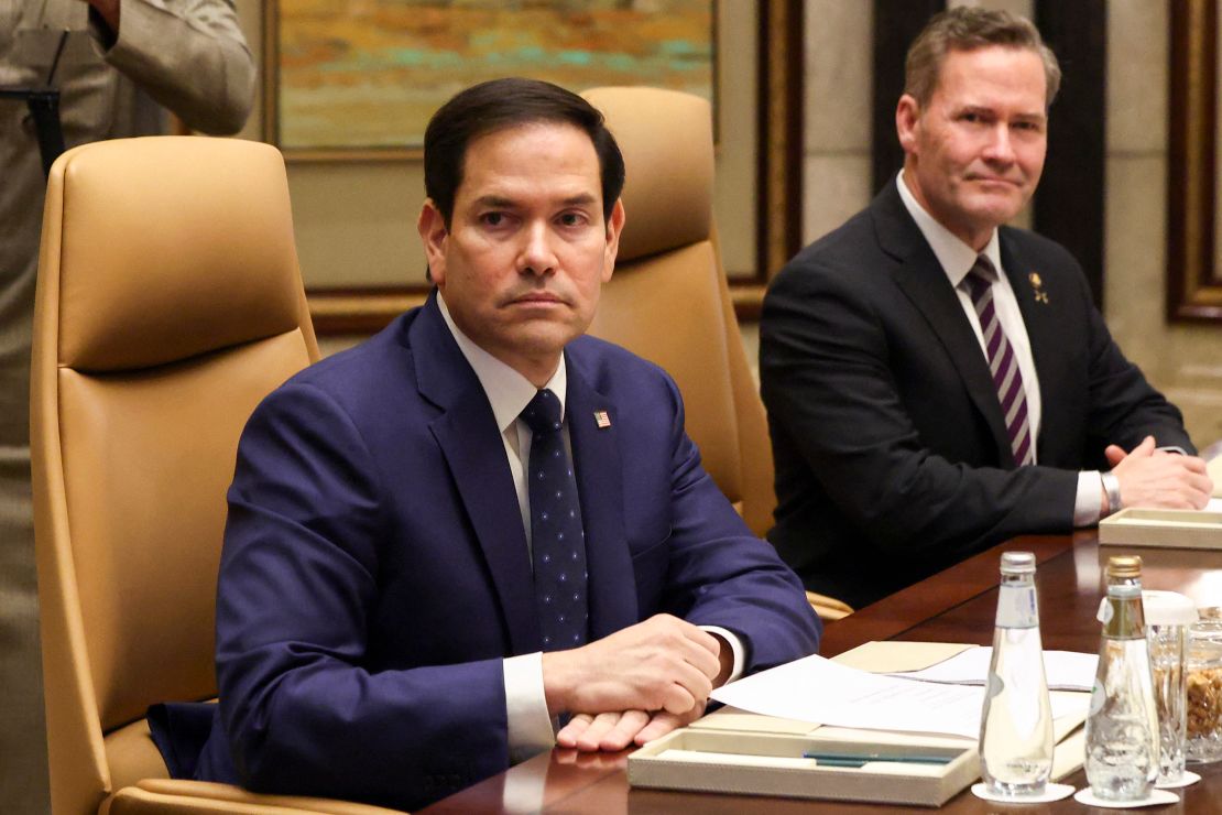 US Secretary of State Marco Rubio, left, and National Security Adviser Mike Waltz attend a meeting with Saudi and Russian diplomats at Riyadh's Diriyah Palace on February 18, 2025.