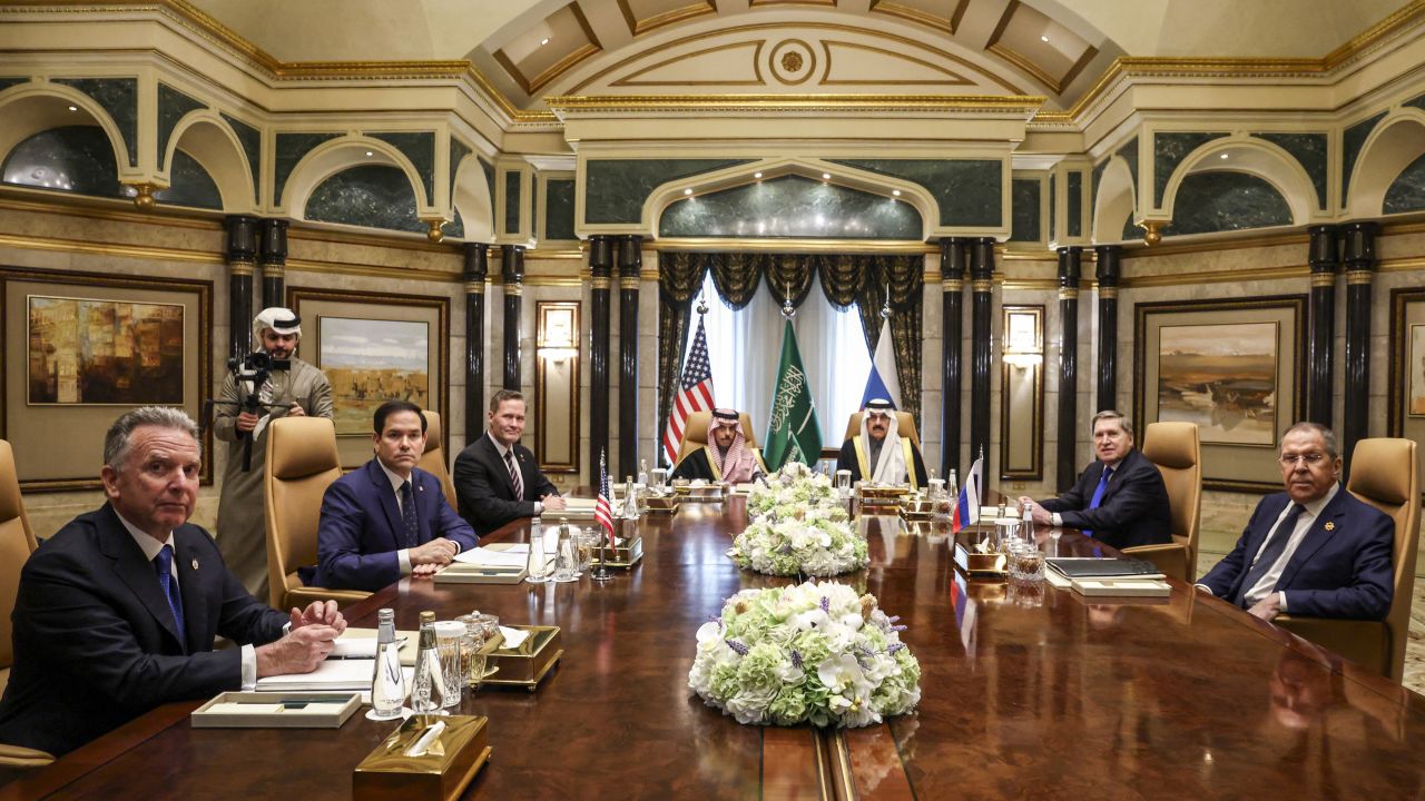 TOPSHOT - (L to R) US Middle East envoy Steve Witkoff, Secretary of State Marco Rubio, National Security Advisor Mike Waltz, Saudi Arabia's Foreign Minister Prince Faisal bin Farhan al-Saud, National Security Advisor Mosaad bin Mohammad al-Aiban, the Russian president's foreign policy advisor Yuri Ushakov, and Russia's Foreign Minister Sergei Lavrov attend a meeting together at Riyadh's Diriyah Palace on February 18, 2025. Top US and Russian diplomats were meeting in Saudi Arabia on Tuesday for talks on resetting their countries' fractured relations and making a tentative start on trying to end the Ukraine war. Both sides played down the chances that the first high-level meeting between the countries since US President Donald Trump took office would result in a breakthrough. (Photo by Evelyn Hockstein / POOL / AFP) (Photo by EVELYN HOCKSTEIN/POOL/AFP via Getty Images)