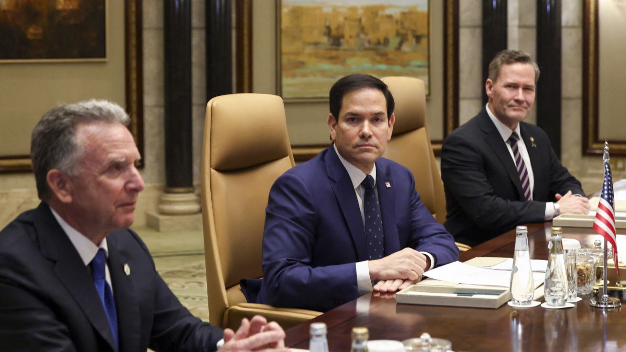 TOPSHOT - (L to R) US Middle East envoy Steve Witkoff, Secretary of State Marco Rubio, and National Security Advisor Mike Waltz attend a meeting with Saudi Arabia's Foreign Minister and National Security Advisor, and with the Russian president's foreign policy advisor and the Russian Foreign Minister at Riyadh's Diriyah Palace on February 18, 2025. Top US and Russian diplomats were meeting in Saudi Arabia on Tuesday for talks on resetting their countries' fractured relations and making a tentative start on trying to end the Ukraine war. Both sides played down the chances that the first high-level meeting between the countries since US President Donald Trump took office would result in a breakthrough. (Photo by Evelyn Hockstein / POOL / AFP) (Photo by EVELYN HOCKSTEIN/POOL/AFP via Getty Images)          