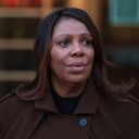 Attorney General Letitia James speaks during a press conference on the Department of Government Efficiency (DOGE) at Manhattan Federal Courthouse on February 14, 2025 in New York City.