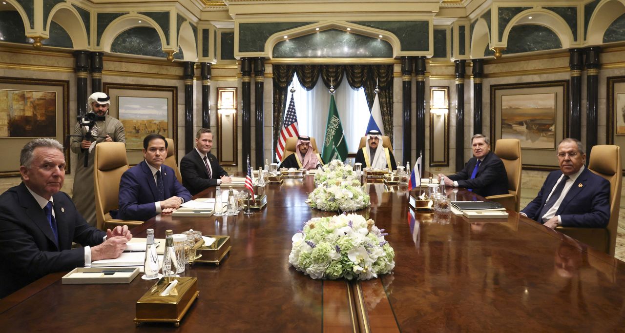 Left to right - US Middle East envoy Steve Witkoff, Secretary of State Marco Rubio, National Security Advisor Mike Waltz, Saudi Arabia's Foreign Minister Prince Faisal bin Farhan al-Saud, National Security Advisor Mosaad bin Mohammad al-Aiban, the Russian president's foreign policy advisor Yuri Ushakov, and Russia's Foreign Minister Sergei Lavrov attend a meeting together at Riyadh's Diriyah Palace on Monday.