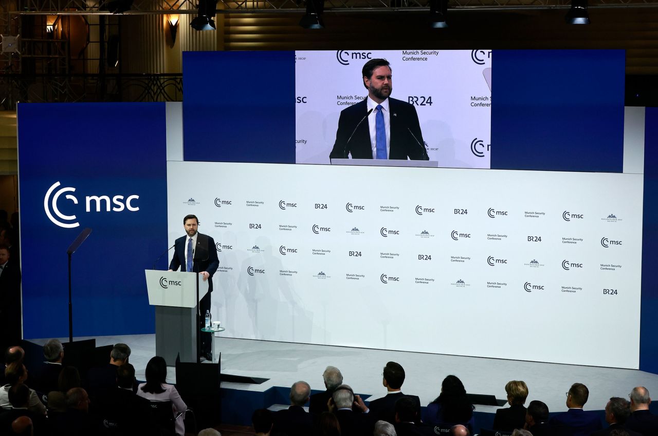 Vice President JD Vance speaks during the 61st Munich Security Conference in Munich, Germany, on Friday.