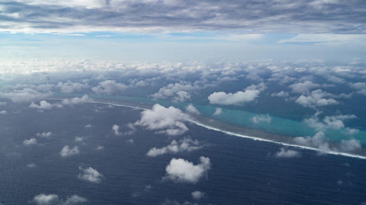 This aerial photo shows the Scarborough Shoal in the South China Sea during an aerial reconnaissance flight on February 18, 2025.
