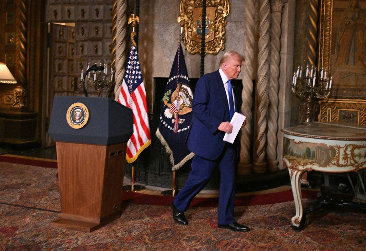 President Donald Trump leaves after speaking during the signing of executive orders at his Mar-a-Lago resort in Palm Beach, Florida, on Tuesday.