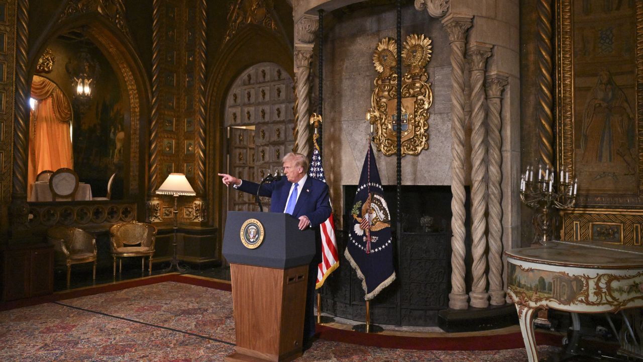 US President Donald Trump takes a question as he speaks during the g of executive orders at his Mar-a-Lago resort in Palm Beach, Florida, on February 18, 2025. Trump said he was "disappointed" to hear that Kyiv had complained about being cut out of talks between the United States and Russia in Saudi Arabia February 18 on ending the Ukraine war. (Photo by ROBERTO SCHMIDT / AFP) (Photo by ROBERTO SCHMIDT/AFP via Getty Images)          