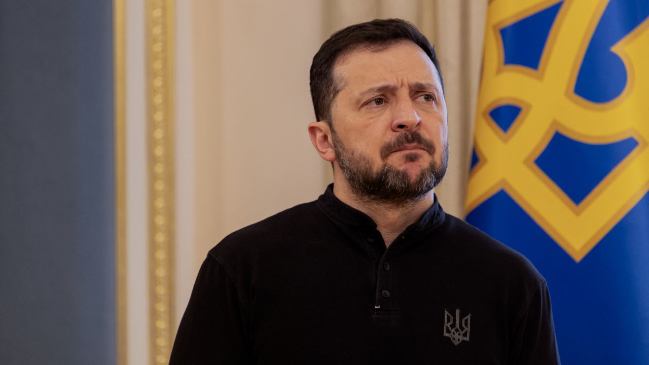 Ukraine's President Volodymyr Zelensky gives a press conference in Kyiv on February 19, 2025, amid the Russian invasion of Ukraine. Ukrainian President Volodymyr Zelensky said on February 19, 2025 that Russia's leadership are "liars" after a Russian drone attack overnight that followed talks in Saudi Arabia between Russian and US officials. (Photo by Tetiana DZHAFAROVA / POOL / AFP) (Photo by TETIANA DZHAFAROVA/POOL/AFP via Getty Images)          