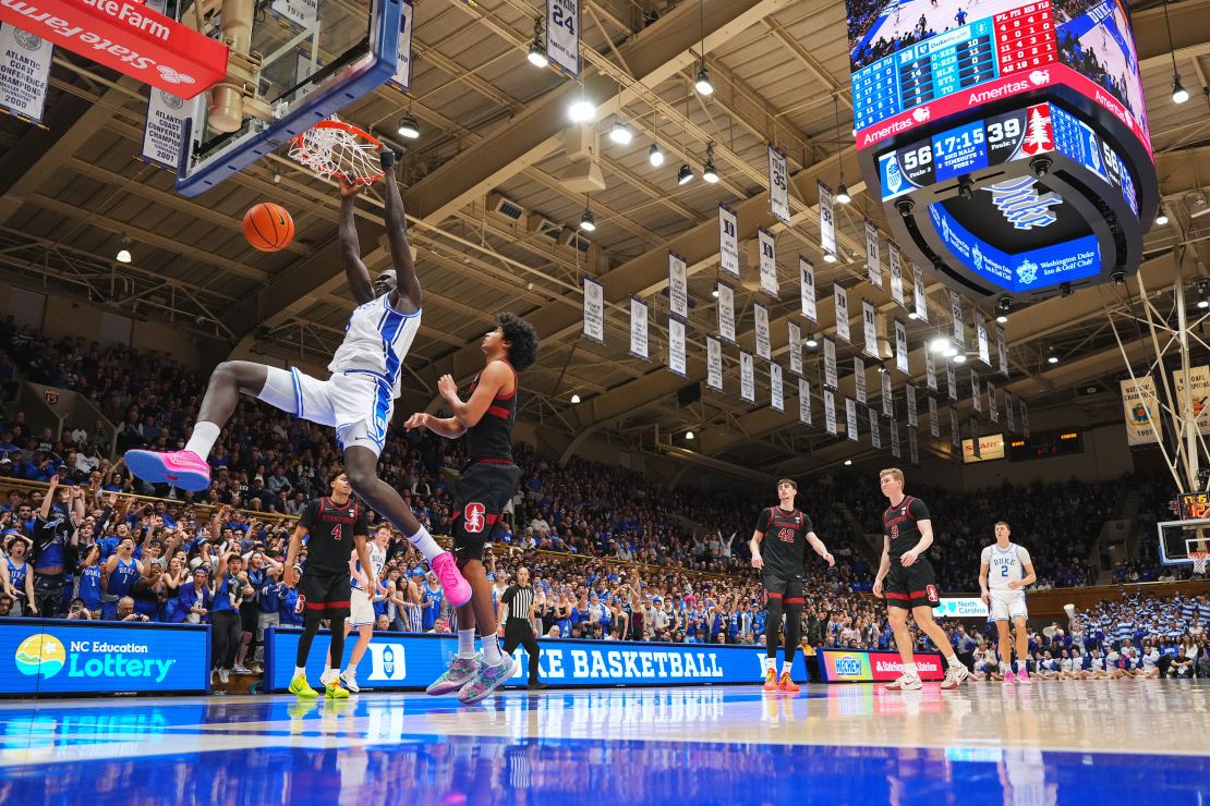 Maluach dunks against the Stanford Cardinal during the second half of the game at Cameron Indoor Stadium on February 15.