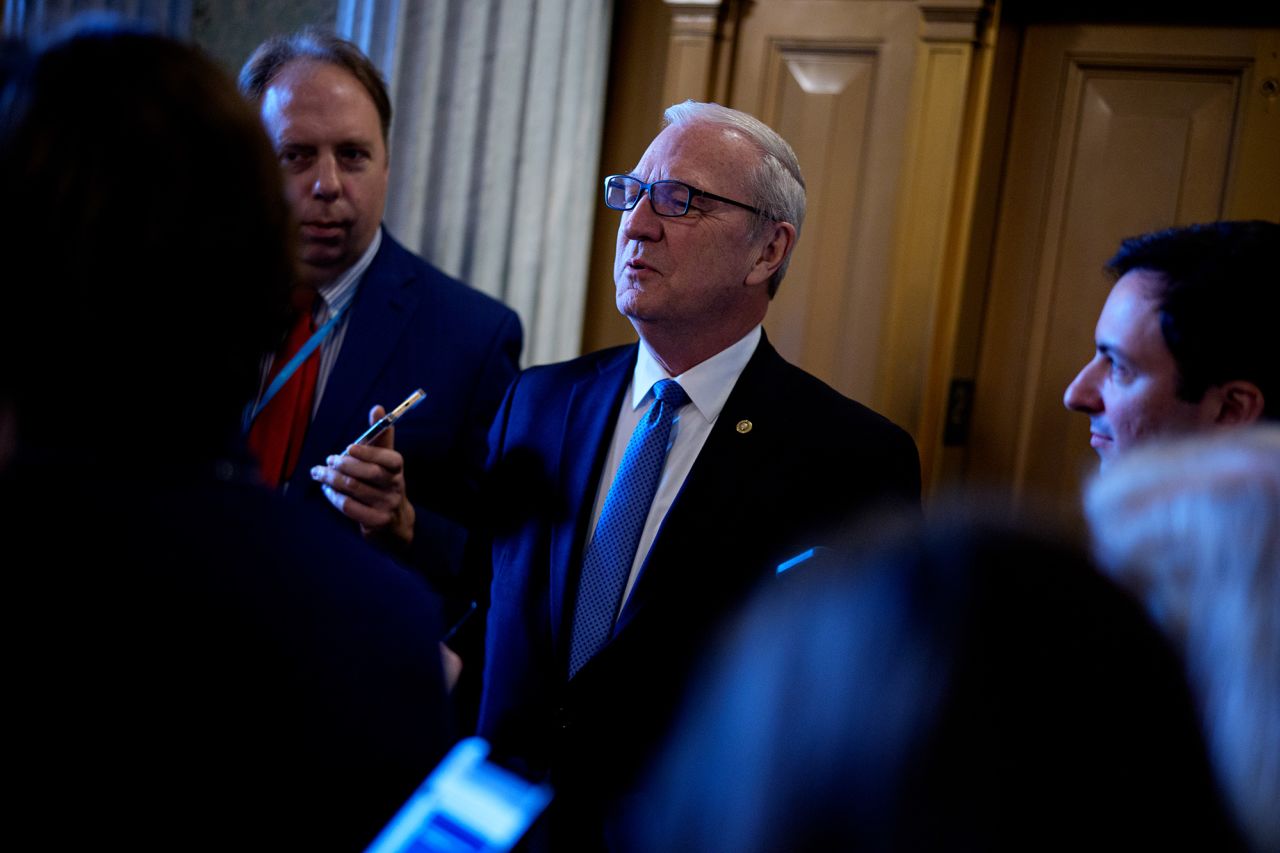 Senator Kevin Cramer speaks to reporters at the Capitol in Washington, on February 19.