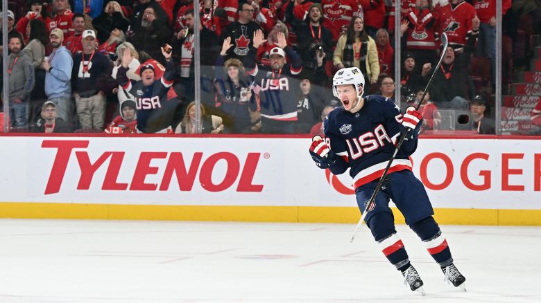Jake Guentzel of Team USA scores an empty net goal against Team Canada in the 4 Nations Face-Off game in Montreal, Quebec, Canada, on February 15, 2025. Team USA defeated Team Canada 3-1.