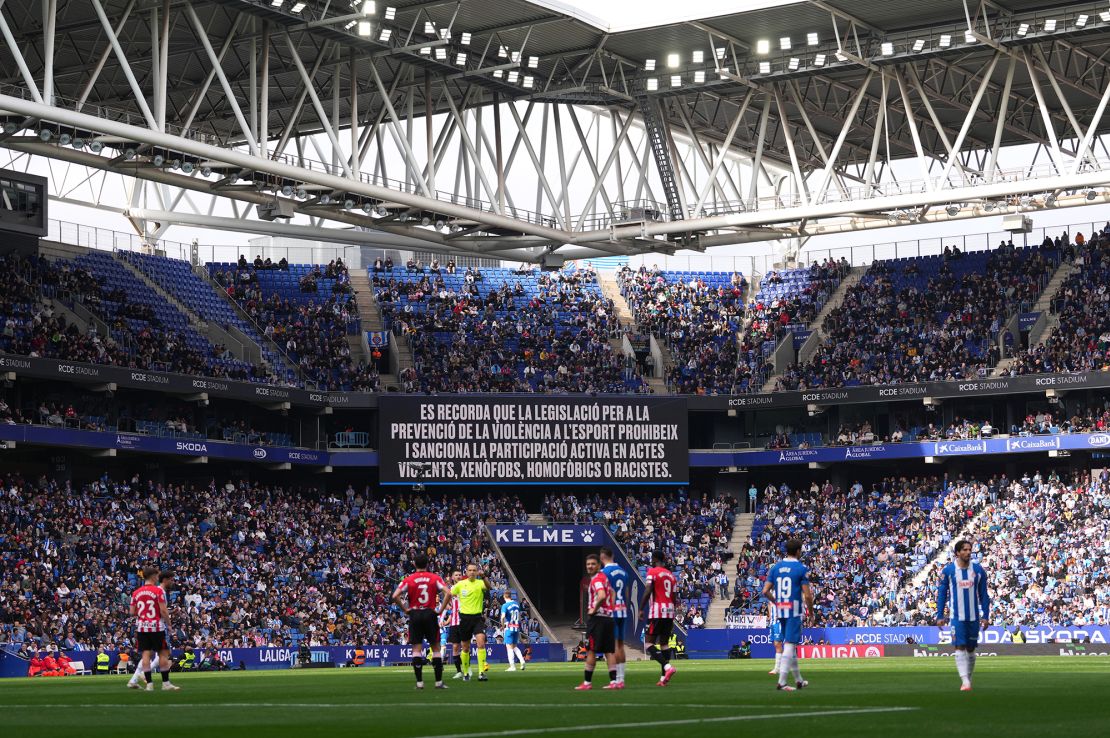 A message that condemned racism, xenophobia and homophobia were on the stadium screen during the unemployment at play.