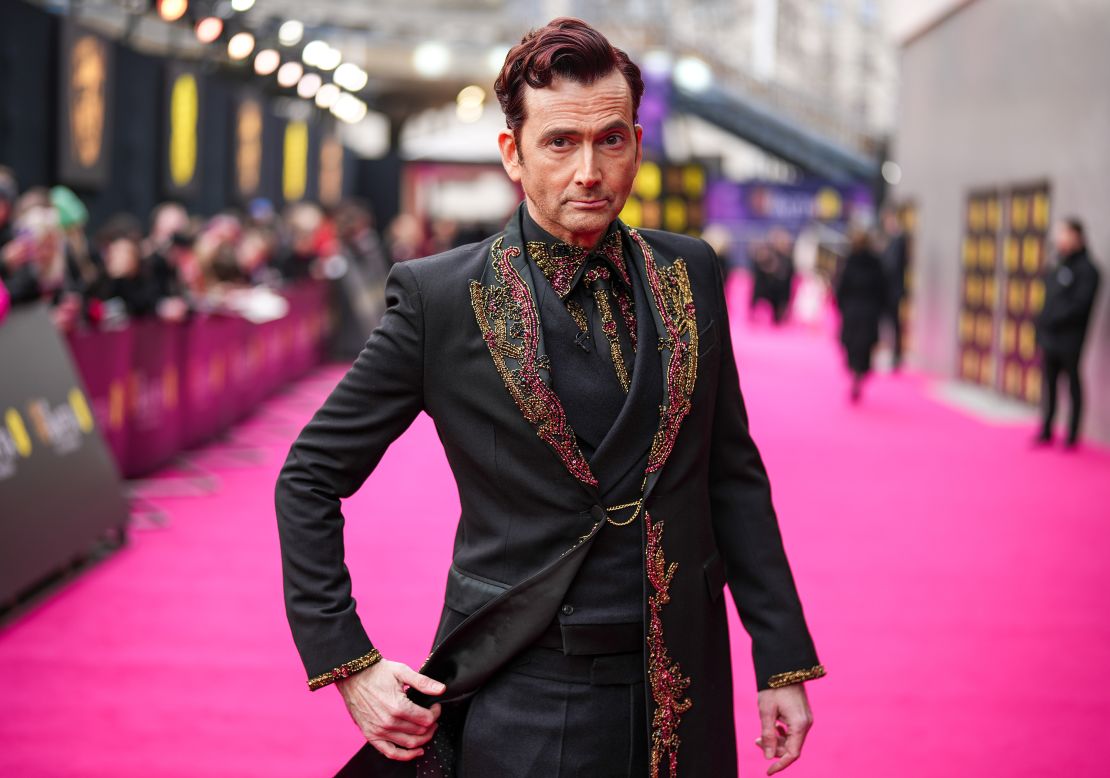 BAFTA host David Tennant opted for crystal-embroidered tailoring.