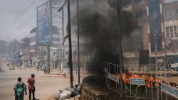 A fire set by M23 rebel officials to incinerate items seized from an abandoned Congolese National Police post burns in city streets on February 20, 2025 in Bukavu, Democratic Republic of Congo. The Rwandan-backed rebel group M23 swept into Bukavu over the weekend, taking control of the city with a population of approximately one million people in Democratic Republic of the Congo's (DRC) South Kivu Province. Hundreds of thousands of people in the eastern part of the DRC have been displaced as the rebel group has made swift advances against Congolese pro-government forces in recent weeks.
