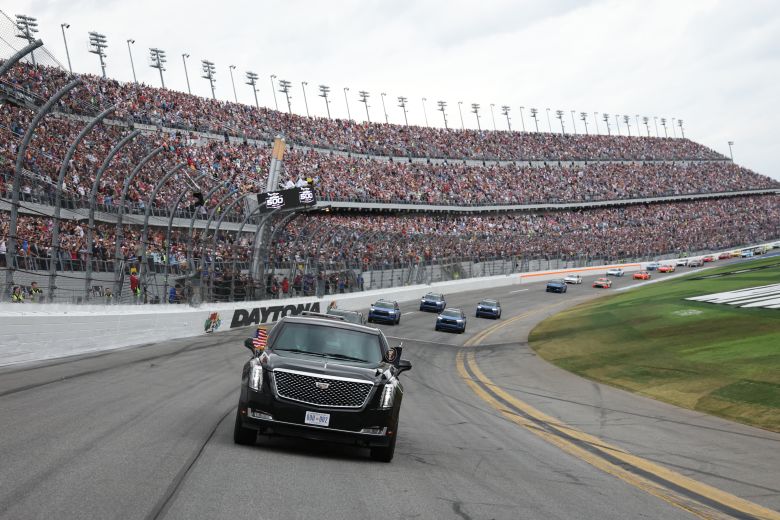 President Donald Trump is driven around the track prior to the start of the Daytona 500 in February.