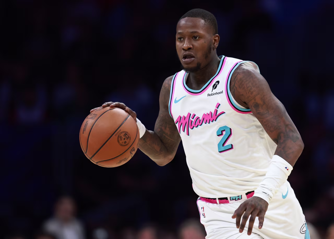 Miami Heat guard Terry Rozier plays in a game in February.