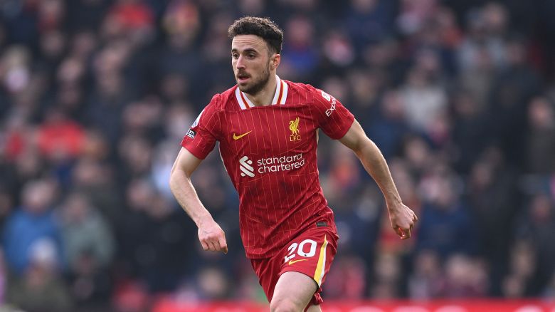 LIVERPOOL, ENGLAND - FEBRUARY 16: Diogo Jota of Liverpool in action during the Premier League match between Liverpool FC and Wolverhampton Wanderers FC at Anfield on February 16, 2025 in Liverpool, England. (Photo by Stu Forster/Getty Images)