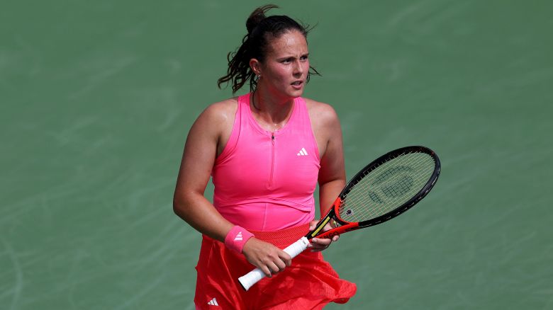 DUBAI, UNITED ARAB EMIRATES - FEBRUARY 17: Daria Kasatkina looks on while playing against Sorana Cirstea of Romania in their first round match during day two of the Dubai Duty Free Tennis Championships, part of the Hologic WTA Tour at Dubai Duty Free Tennis Stadium on February 17, 2025 in Dubai, United Arab Emirates. (Photo by Christopher Pike/Getty Images)