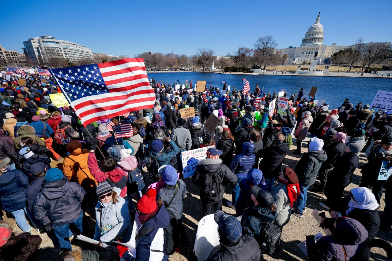 The Capitol dome looks like protesters gather against the Trump administration