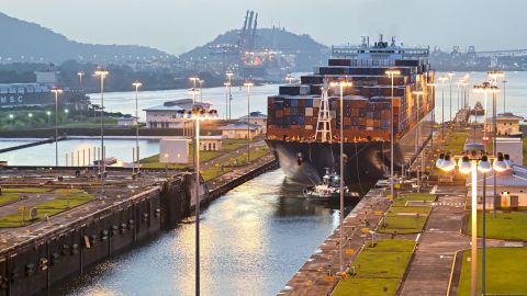 A cargo ship transits through Panama Canal Cocoli locks in Panama City on February 21, 2025. (Photo by MARTIN BERNETTI / AFP) (Photo by MARTIN BERNETTI/AFP via Getty Images)